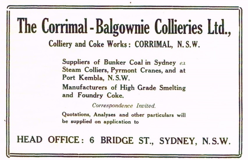 Corrimal Advert from Australian Coal Shipping Steel The Harbour 01 01 1921